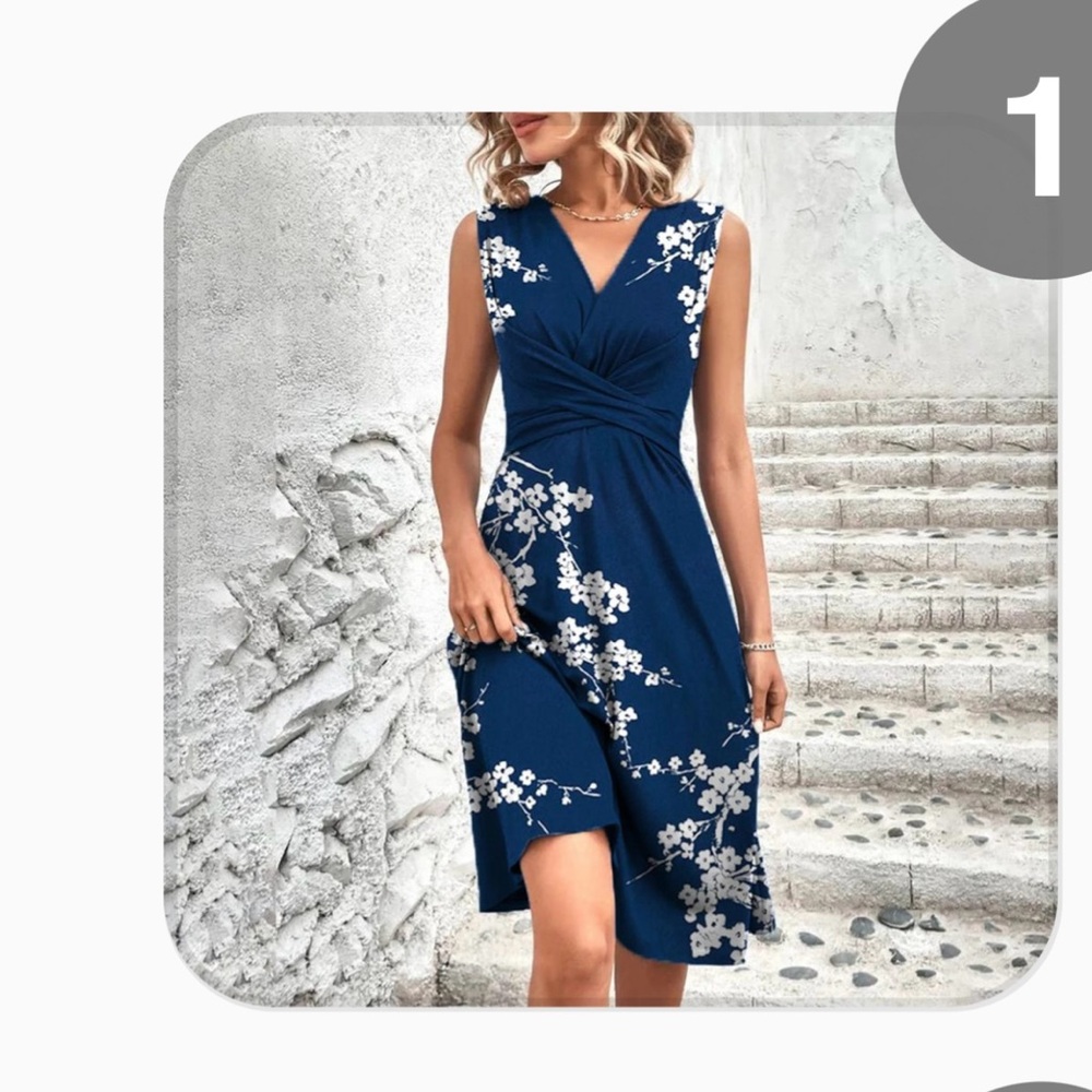 NWT Gavye White Cherry Blossom Royal Blue Twisted Front Mini Dress